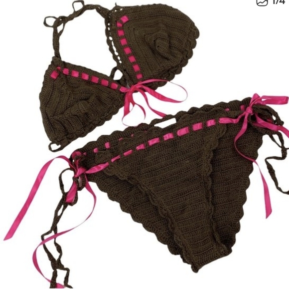 Anna Kosturova Other - Anna Kosturova Crochet Ribbon Lace Bikini Brown Pink L